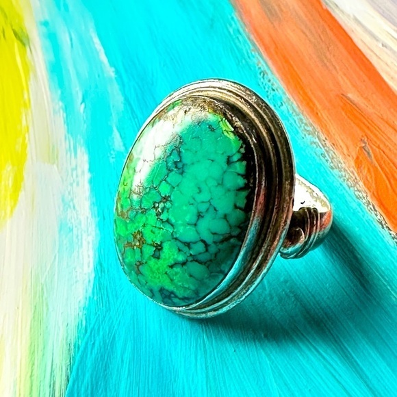 Turquoise Ring 12.6g Oval Cabochon Natural Spider Web Tibetan Green Sz 6.25 4077 - Picture 1 of 13